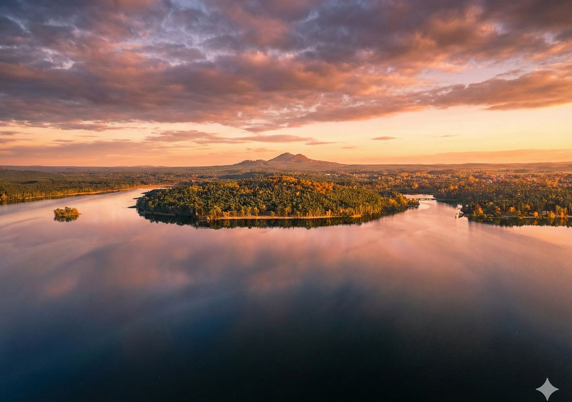 Letecký pohled na Máchovo jezero při západu slunce — okolí chatek Selská Rokle